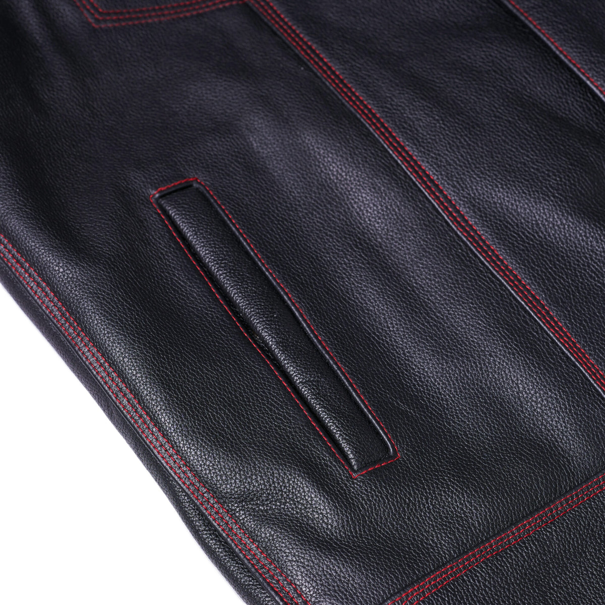 BSM1522 MEN'S LEATHER VEST WITH RED STITCHING AND USA INSIDE FLAG LININ