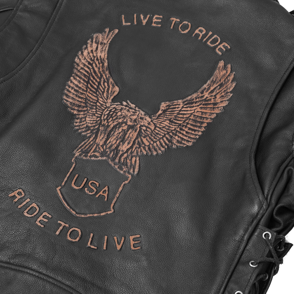 BSM1146 Men's Eagle Embossed Live To Ride - Ride To Live Classic Black Leather Mot