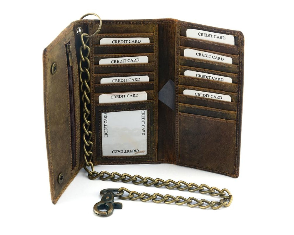 BSC233 DISTRESSED BROWN LEATHER LONG TRI-FOLD BIKER WALLET