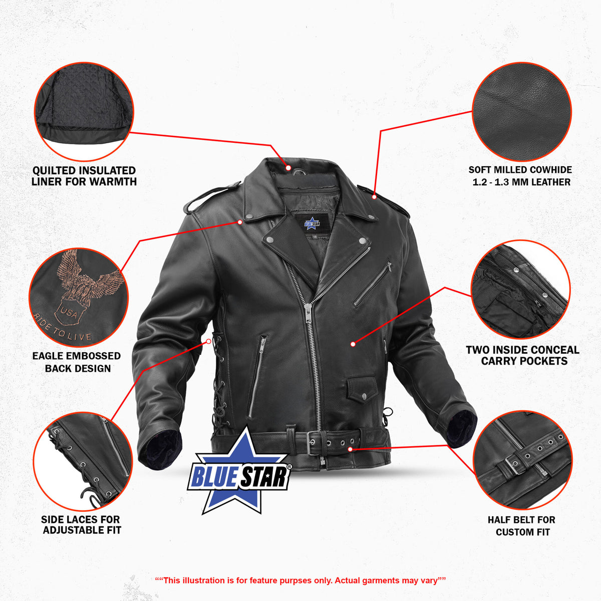 BSM1146 Men's Eagle Embossed Live To Ride - Ride To Live Classic Black Leather Mot