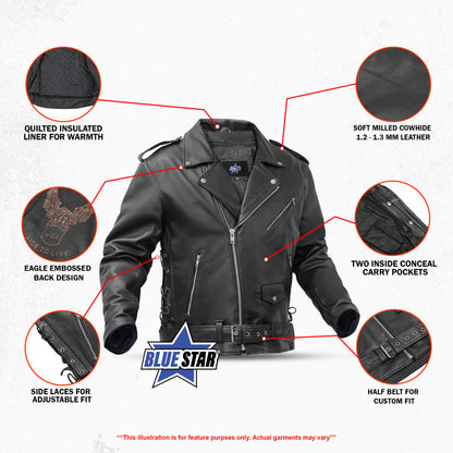 BSM1146 Men's Eagle Embossed Live To Ride - Ride To Live Classic Black Leather Mot