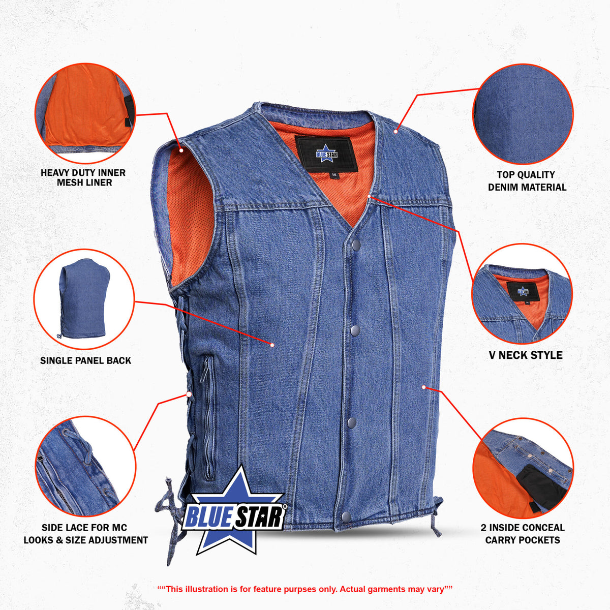 BSM1555 Men's Single Back Panel Concealed Carry Denim Vest
