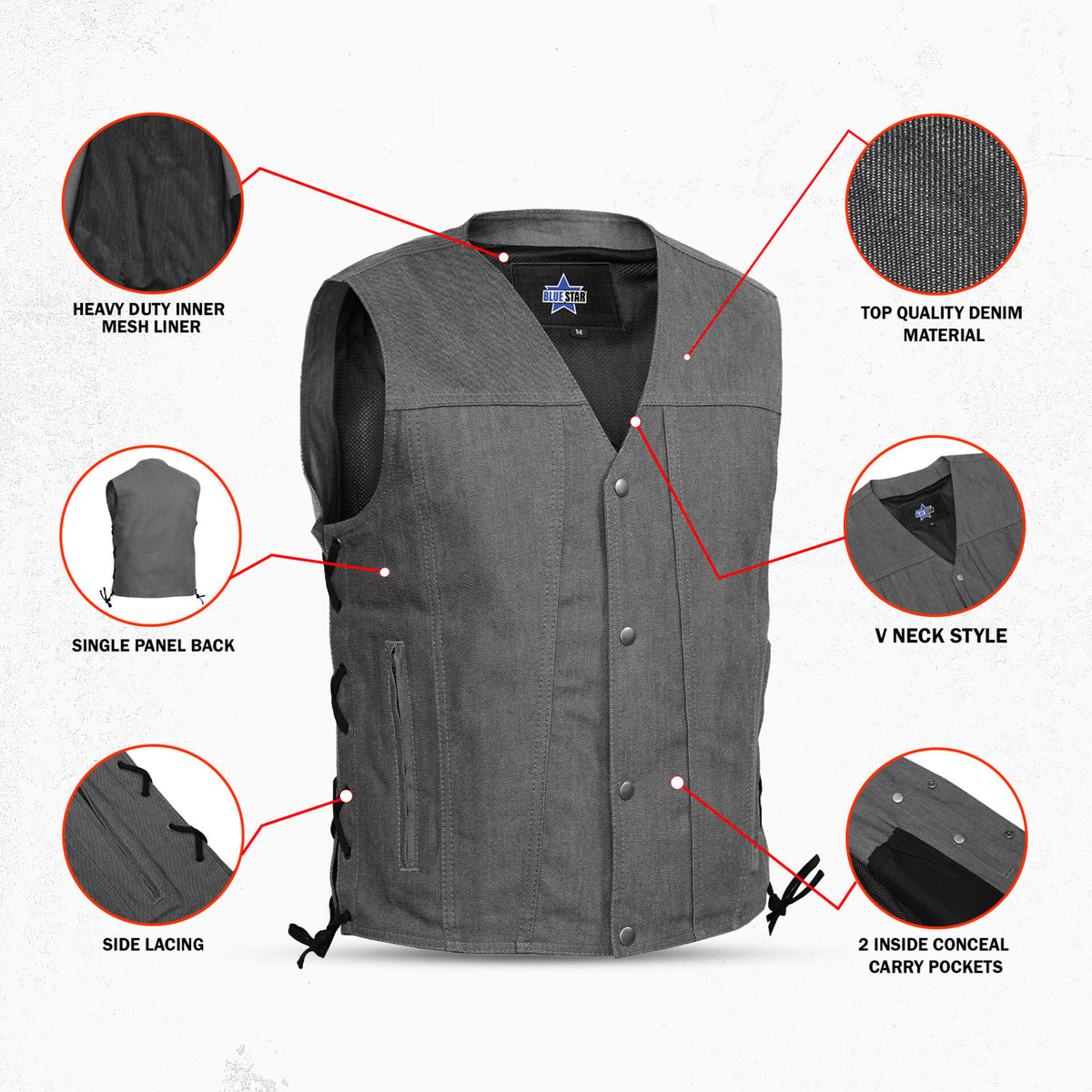 BSM1539 Men's Rough Rub-Off Raw Finish Broken Gray Denim Vest