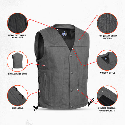 BSM1539 Men's Rough Rub-Off Raw Finish Broken Gray Denim Vest