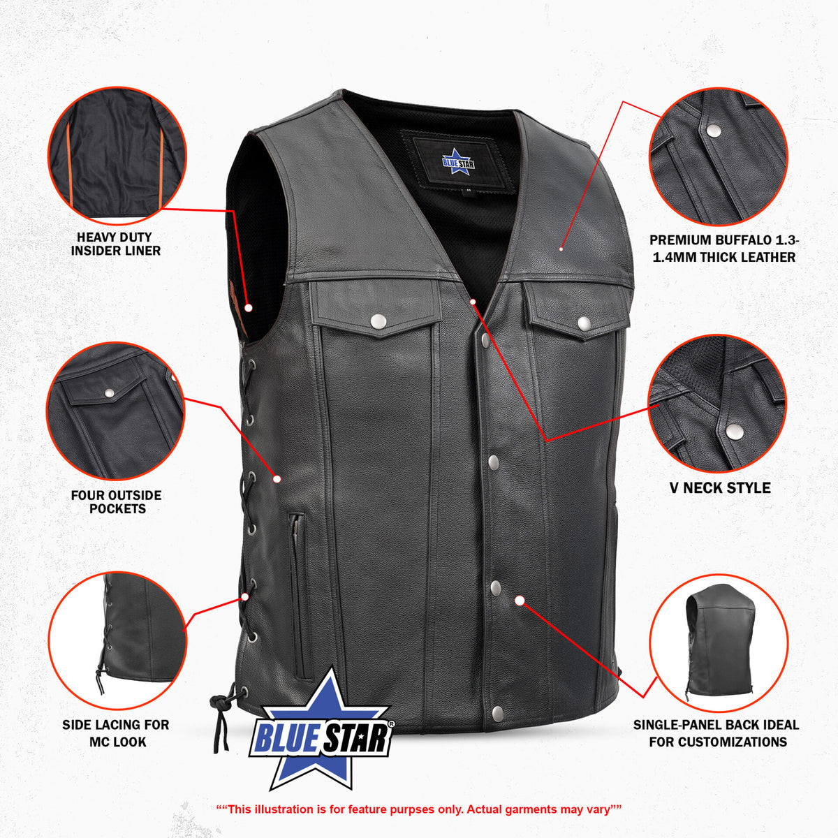BSM1527 Men's Black Leather Vest with Side Laces and Gun Pockets