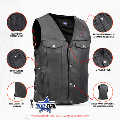 BSM1527 Men's Black Leather Vest with Side Laces and Gun Pockets