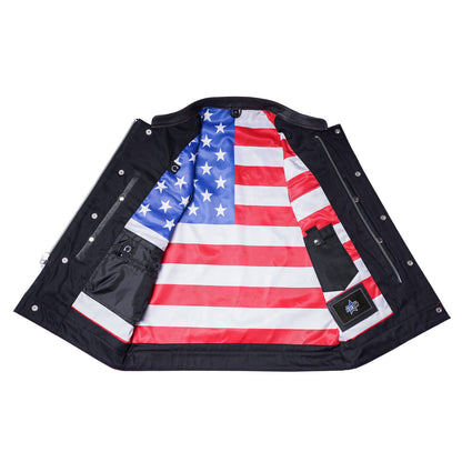 BSM1522 MEN'S LEATHER VEST WITH RED STITCHING AND USA INSIDE FLAG LININ