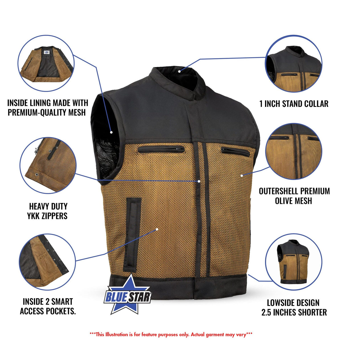 BSM4610 - Blaze Olive Men’s Motorcycle Mesh Vest