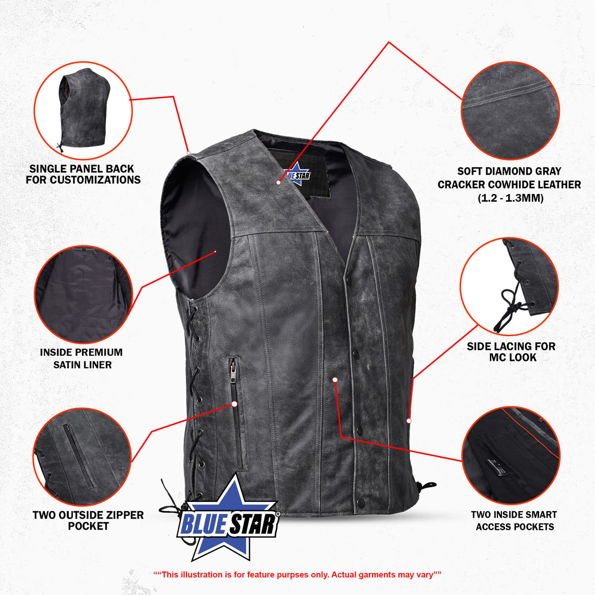 BSM1530 Men's Gray Single Back Panel Concealed Carry Vest