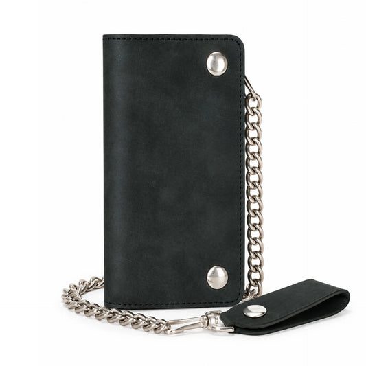 BSC238 Matte Black Biker Leather Wallet with Chain