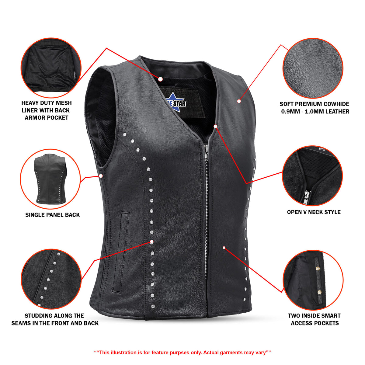 BSM4607 Women’s Studded Leather Motorcycle Vest