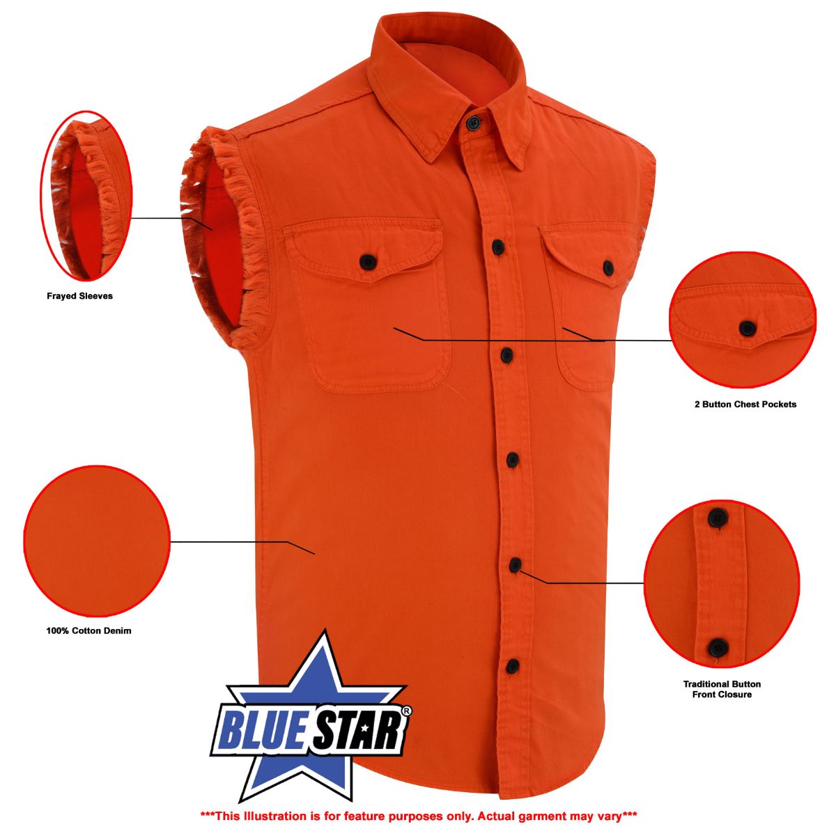 BSM1578 Men’s Orange Lightweight Sleeveless Denim Shirt