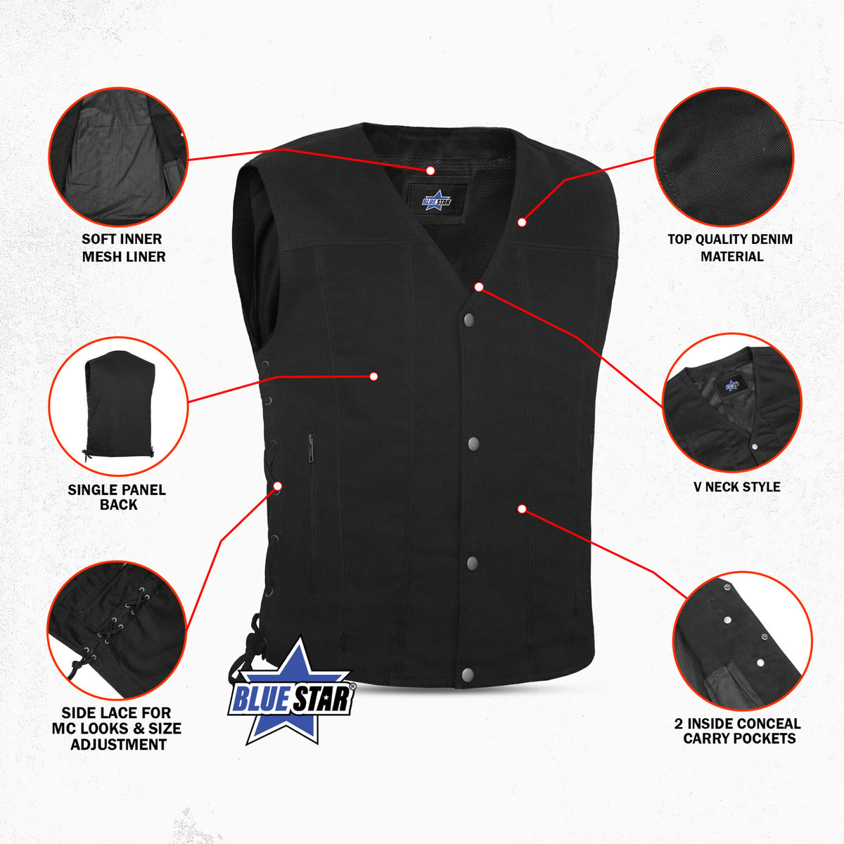 BSM1542 Men's Single Back Panel Concealed Carry Denim Vest
