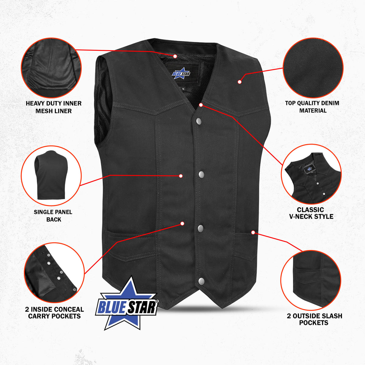 BSM1560 Men's Traditional Denim Vest with Plain Sides