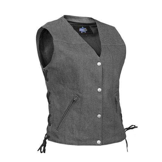 BSM2545 Women's Rough Rub-Off Raw Finish Broken Gray Denim Vest