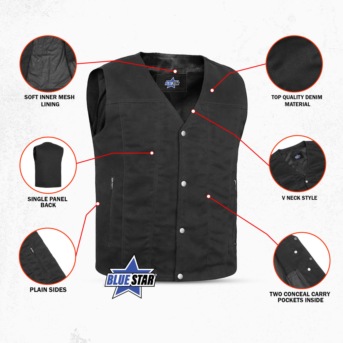 BSM1544 Men's Single Back Panel Concealed Carry Denim Vest