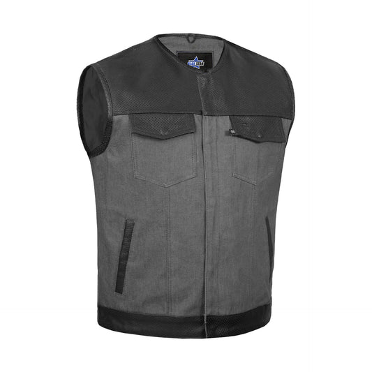 BSM1568 Men's Perforated Leather/Denim Combo Vest (Black/ Ash Gray)