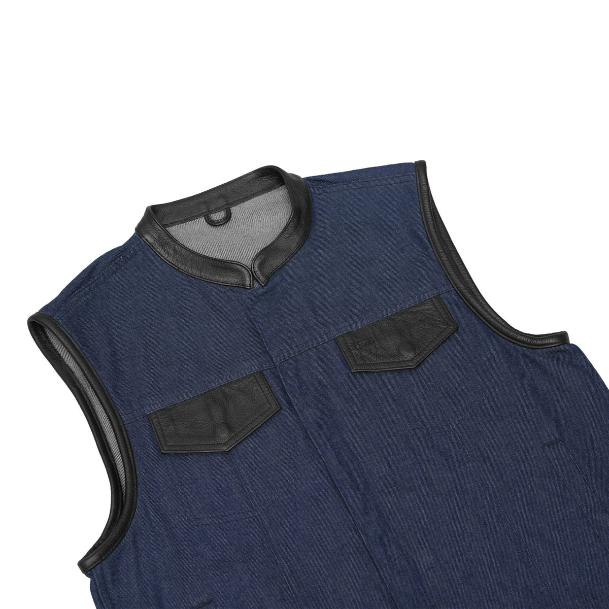 BSM1558 Men's Broken Blue RoughRub-Off Raw Finish Denim Vest W/Leather