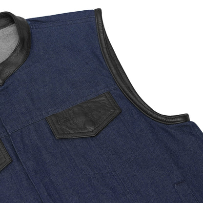 BSM1558 Men's Broken Blue RoughRub-Off Raw Finish Denim Vest W/Leather