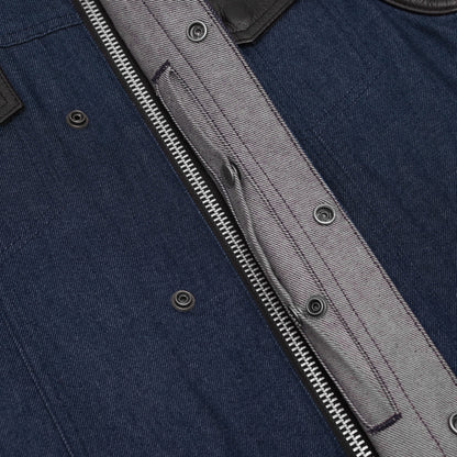 BSM1558 Men's Broken Blue RoughRub-Off Raw Finish Denim Vest W/Leather