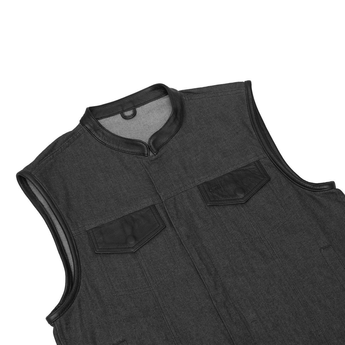 BSM1543 Men's Rough Rub-Off Raw Finish Denim Vest W/Leather Trim - Scoo