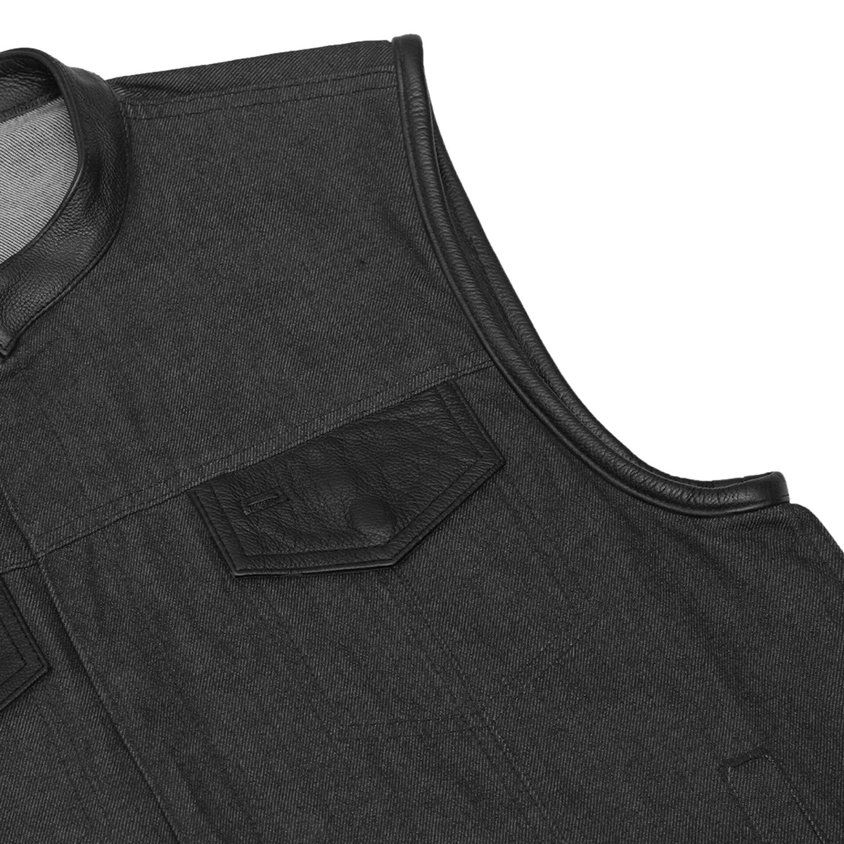 BSM1543 Men's Rough Rub-Off Raw Finish Denim Vest W/Leather Trim - Scoo