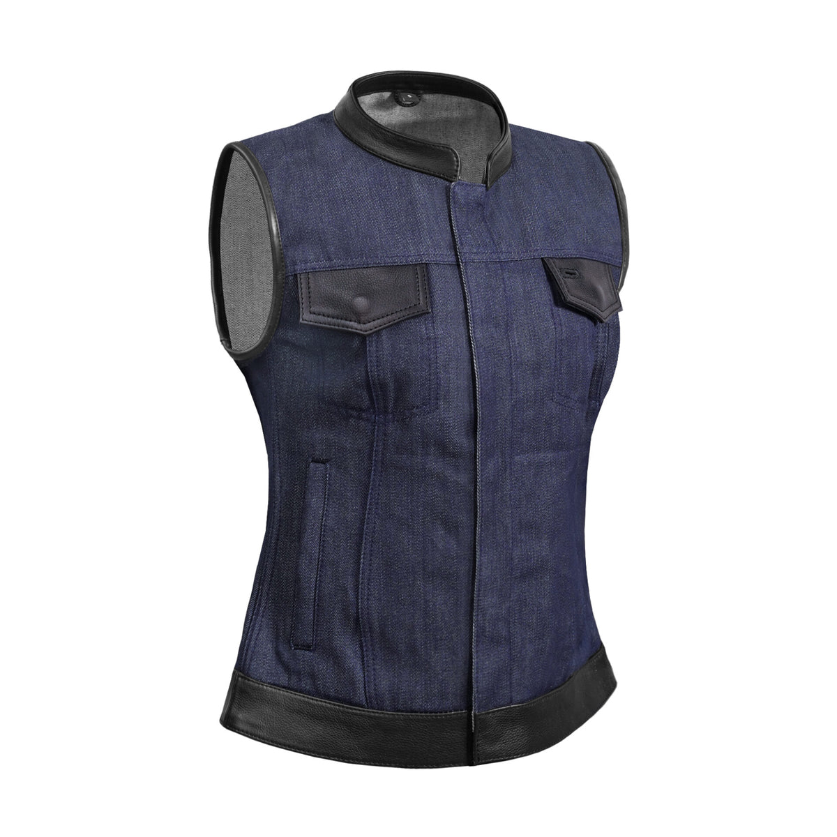 BSM2546 Women's Broken Blue Rough Rub-Off Raw Finish Denim Vest W/Leath