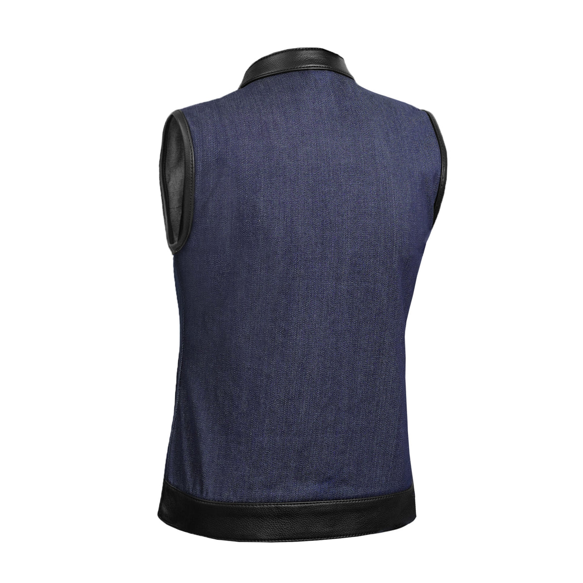 BSM2546 Women's Broken Blue Rough Rub-Off Raw Finish Denim Vest W/Leath