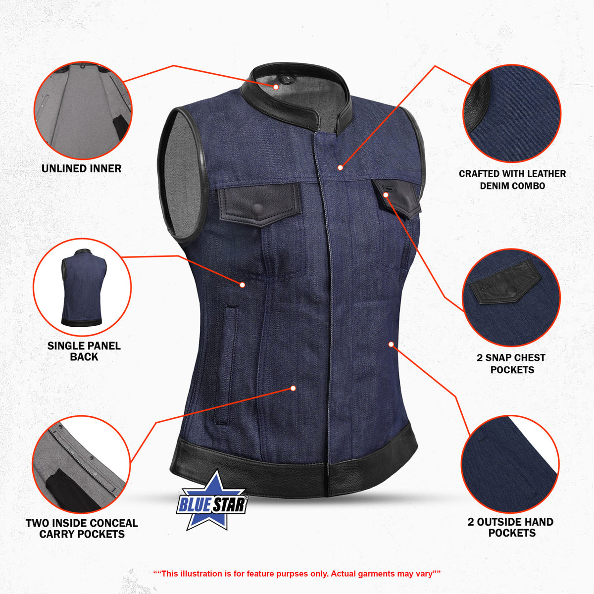 BSM2546 Women's Broken Blue Rough Rub-Off Raw Finish Denim Vest W/Leath