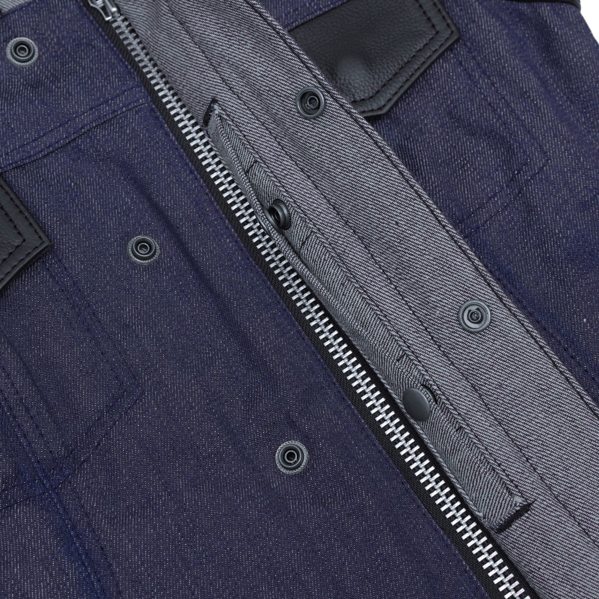 BSM2546 Women's Broken Blue Rough Rub-Off Raw Finish Denim Vest W/Leath