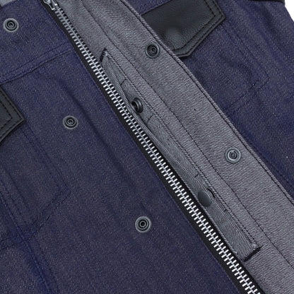 BSM2546 Women's Broken Blue Rough Rub-Off Raw Finish Denim Vest W/Leath