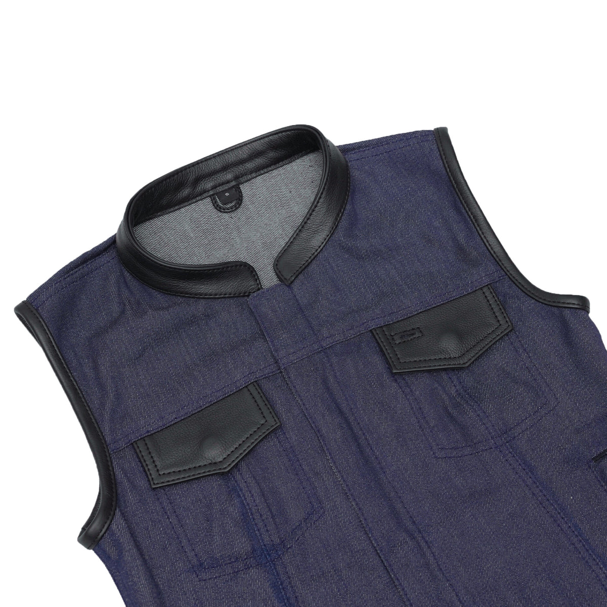 BSM2546 Women's Broken Blue Rough Rub-Off Raw Finish Denim Vest W/Leath