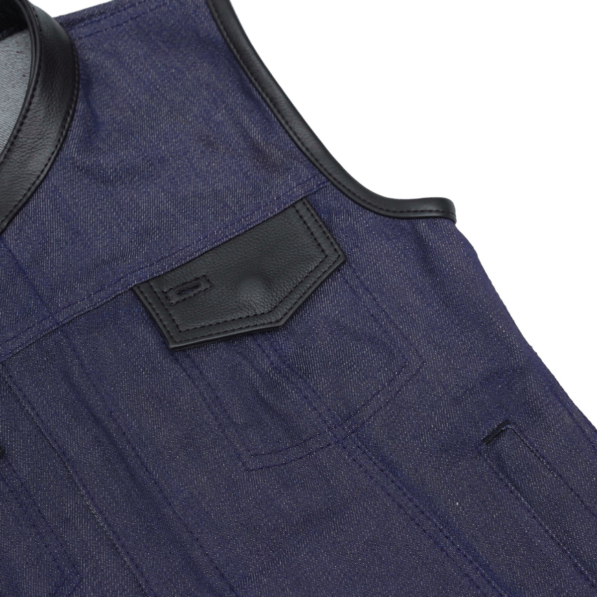 BSM2546 Women's Broken Blue Rough Rub-Off Raw Finish Denim Vest W/Leath