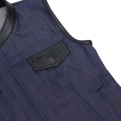 BSM2546 Women's Broken Blue Rough Rub-Off Raw Finish Denim Vest W/Leath