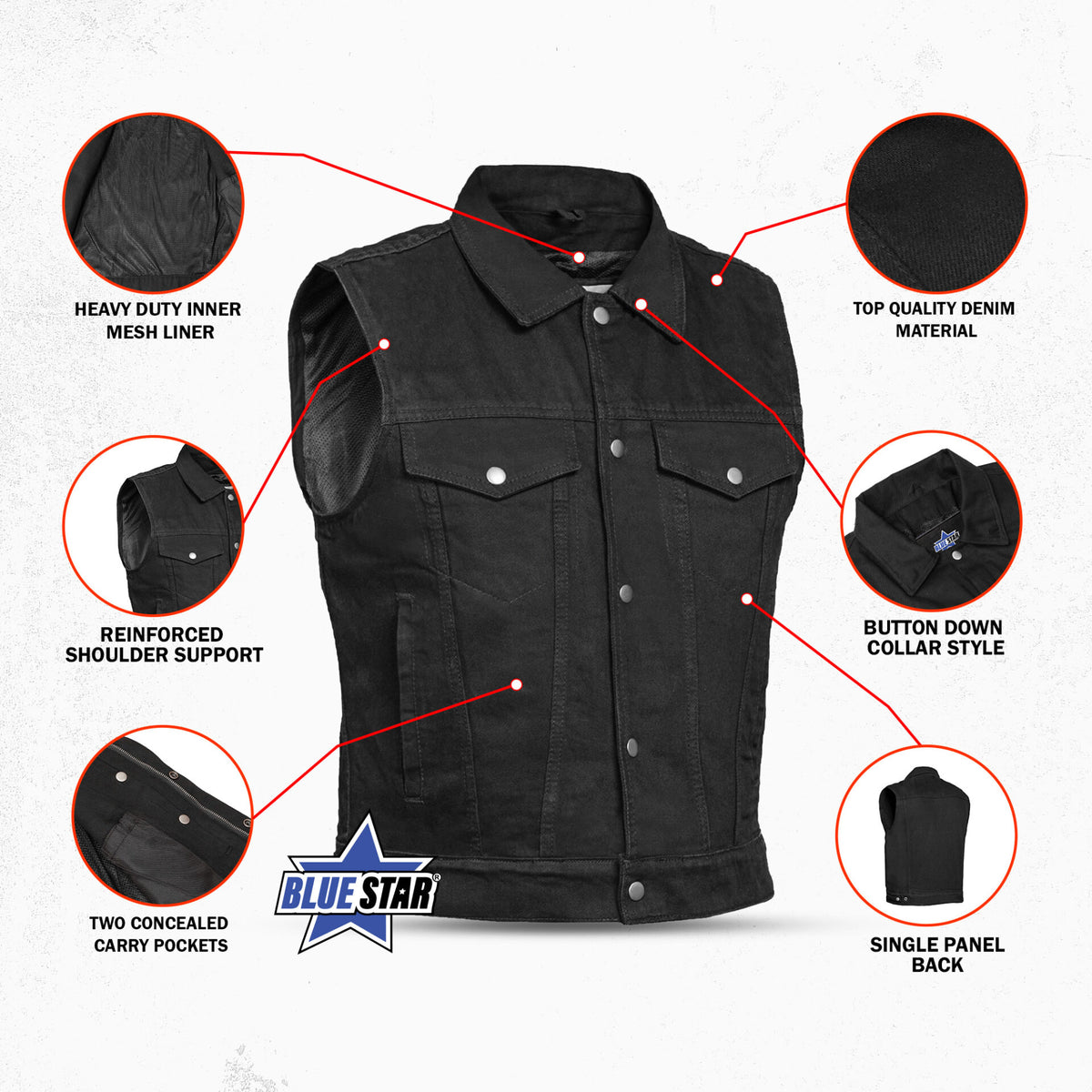 BSM1567 Snap Front Denim Vest- Black