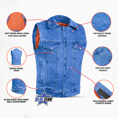 BSM1569 Snap Front Denim Vest- Blue