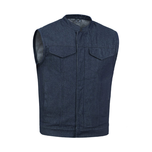 BSM1537 Men's Blue Rough Rub-Off Raw Finish Denim Vest