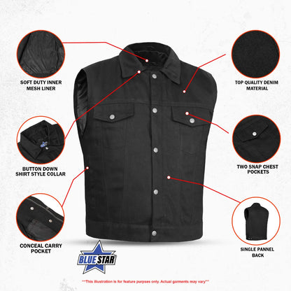 BSM1512 Snap/Zipper Front Denim Vest- Black