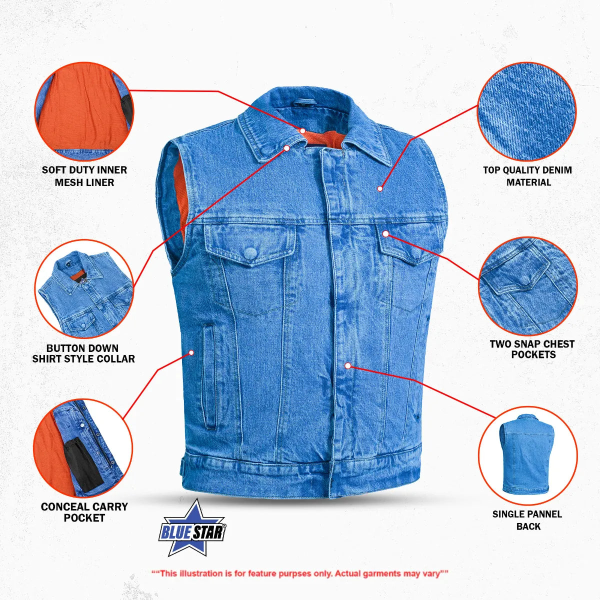 BSM1510 Snap/Zipper Front Denim Vest- Blue