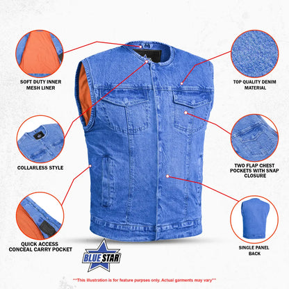 BSM1538 Concealed Snaps, Denim Material, Hidden Zipper, w/o Collar
