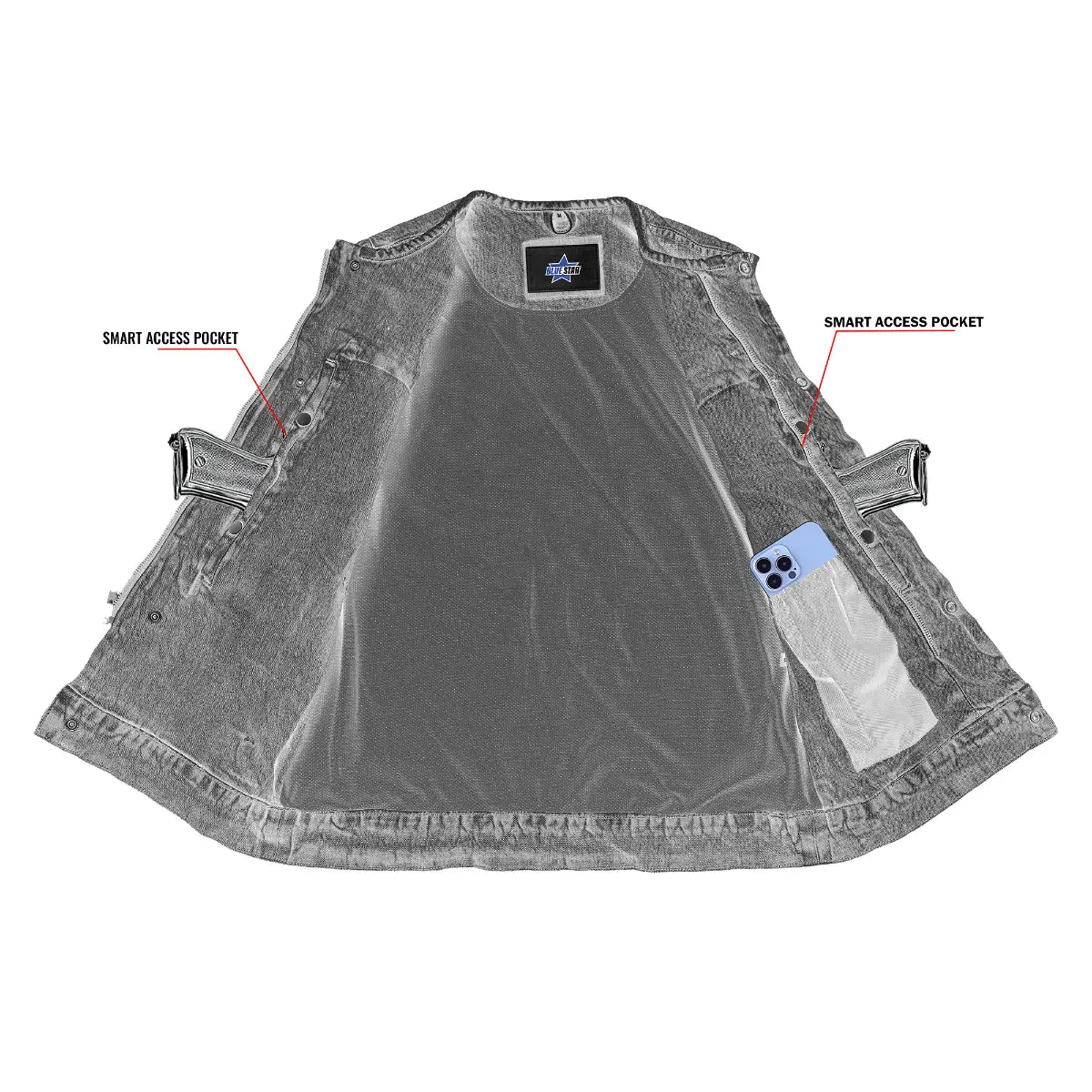 BSM1538 Concealed Snaps, Denim Material, Hidden Zipper, w/o Collar