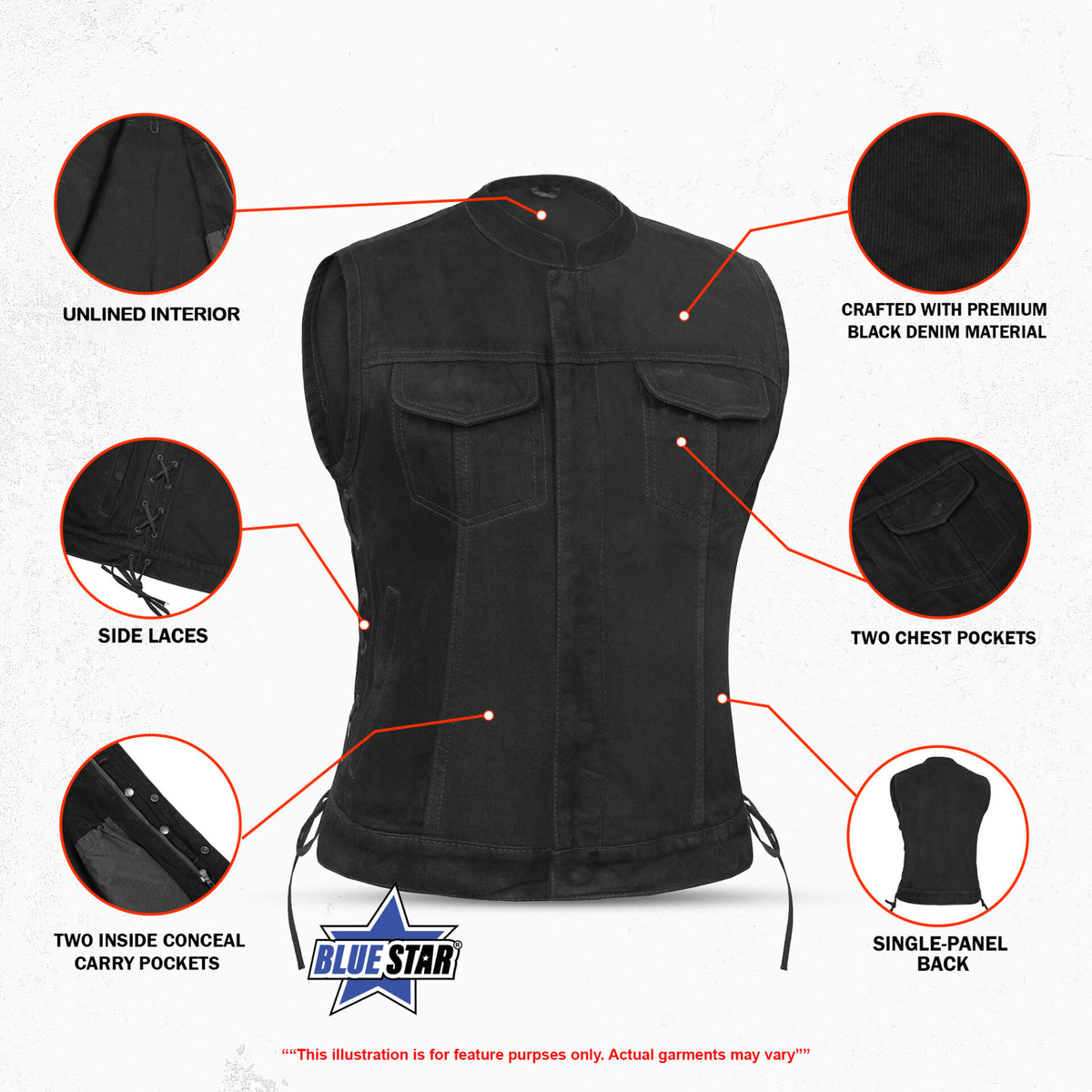 BSM2529 Women's Advance Side Laces Black Construction Denim Vest