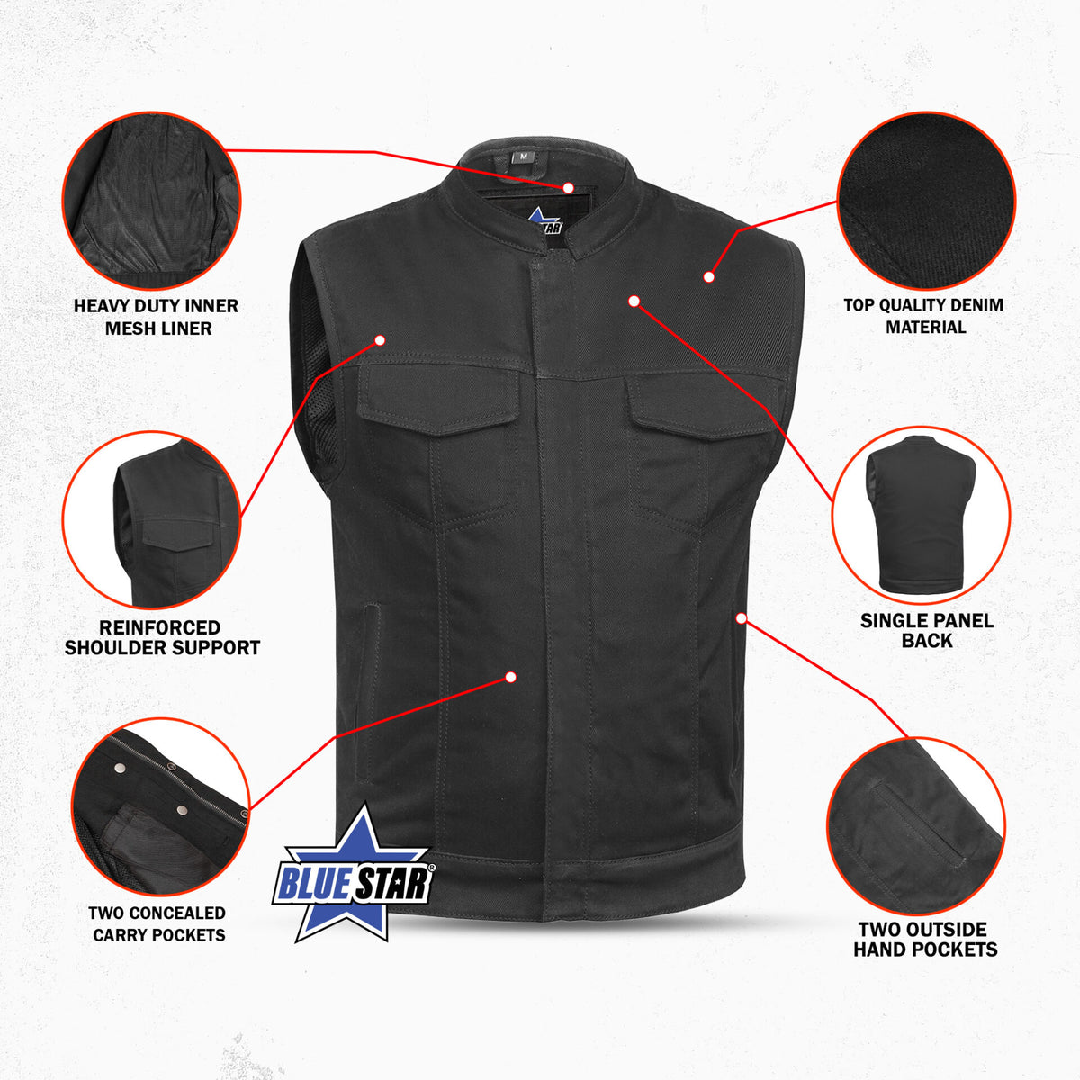 BSM1532 Concealed Snap Closure, Denim Material, Scoop Collar & Hidden