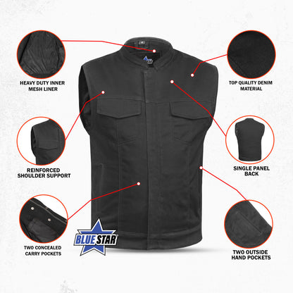 BSM1532 Concealed Snap Closure, Denim Material, Scoop Collar & Hidden