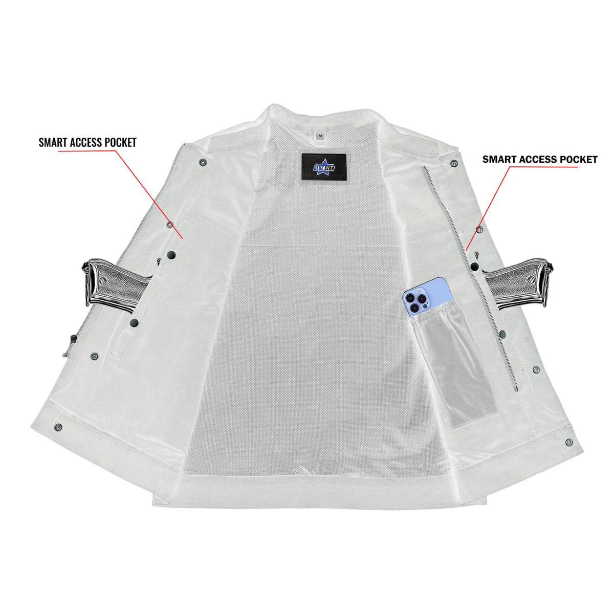 BSM1532 Concealed Snap Closure, Denim Material, Scoop Collar & Hidden