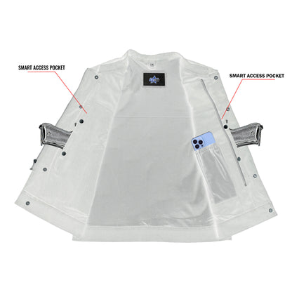 BSM1532 Concealed Snap Closure, Denim Material, Scoop Collar & Hidden
