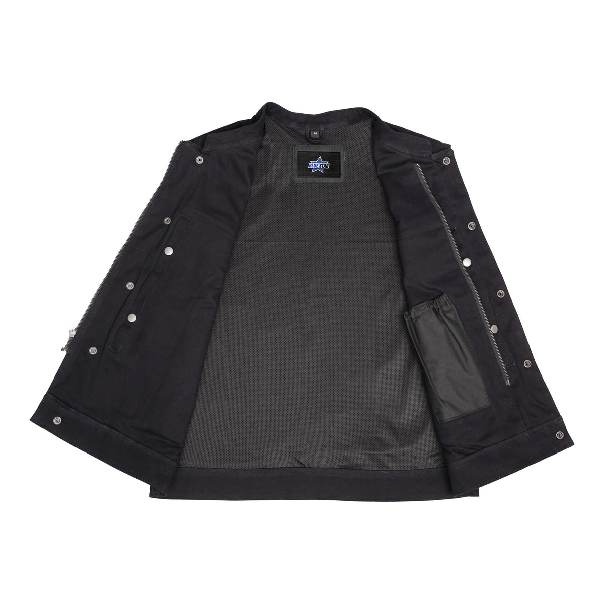 BSM1532 Concealed Snap Closure, Denim Material, Scoop Collar & Hidden