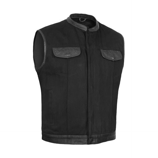 BSM1545 Men's Black Denim Single Panel Concealment Vest W/ Leather Trim