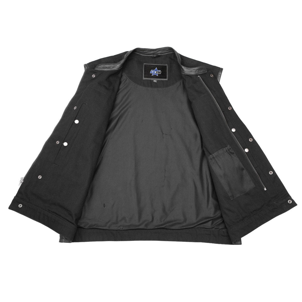 BSM1545 Men's Black Denim Single Panel Concealment Vest W/ Leather Trim