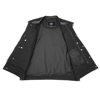 BSM1545 Men's Black Denim Single Panel Concealment Vest W/ Leather Trim